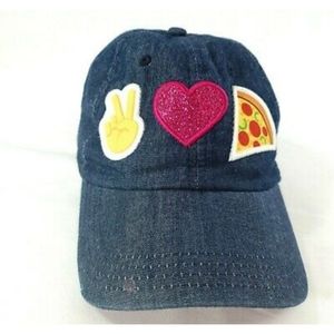 Emoji One Hat Youth Sewn-On Peace Love & Pizza Denim Baseball Cap Adjustable